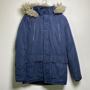 London Basic Women Small Navy Hooded Parka Jacket Faux Fur Trim Sherpa Lined‎